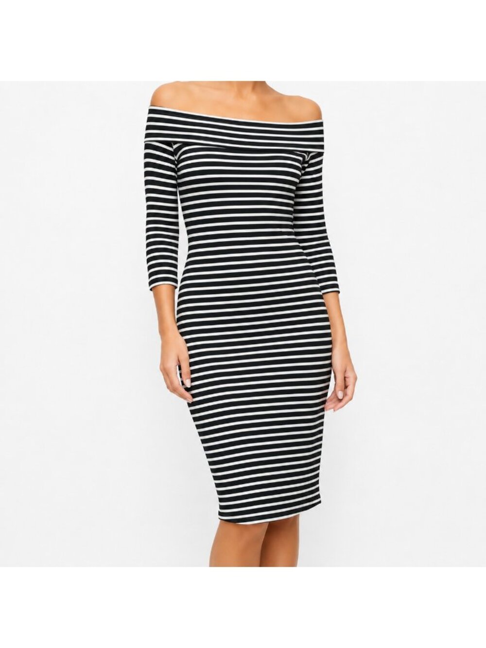 NEW Le Chateau Black White Stripe Off Shoulder Bodycon Dress Size XS